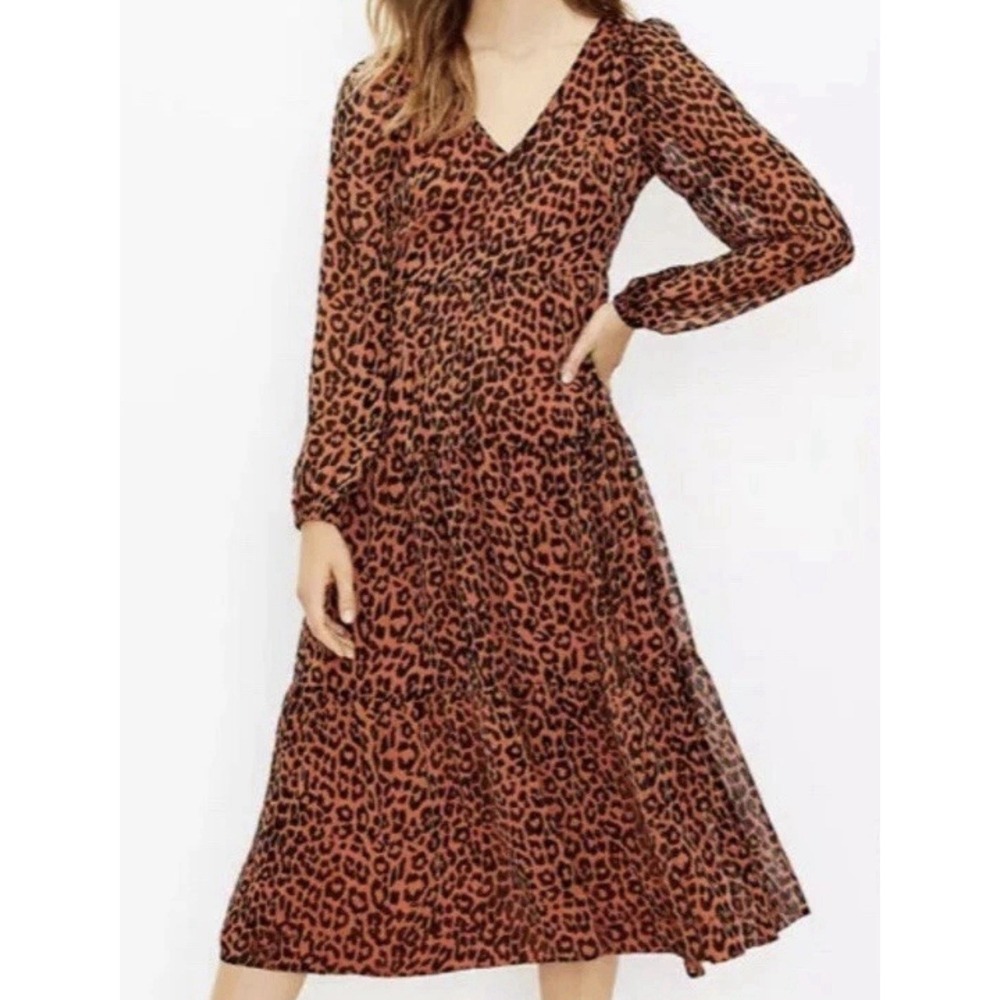 LOFT Brown Leopard Print Boho Chic Midi Chic Dress Womens Size 4